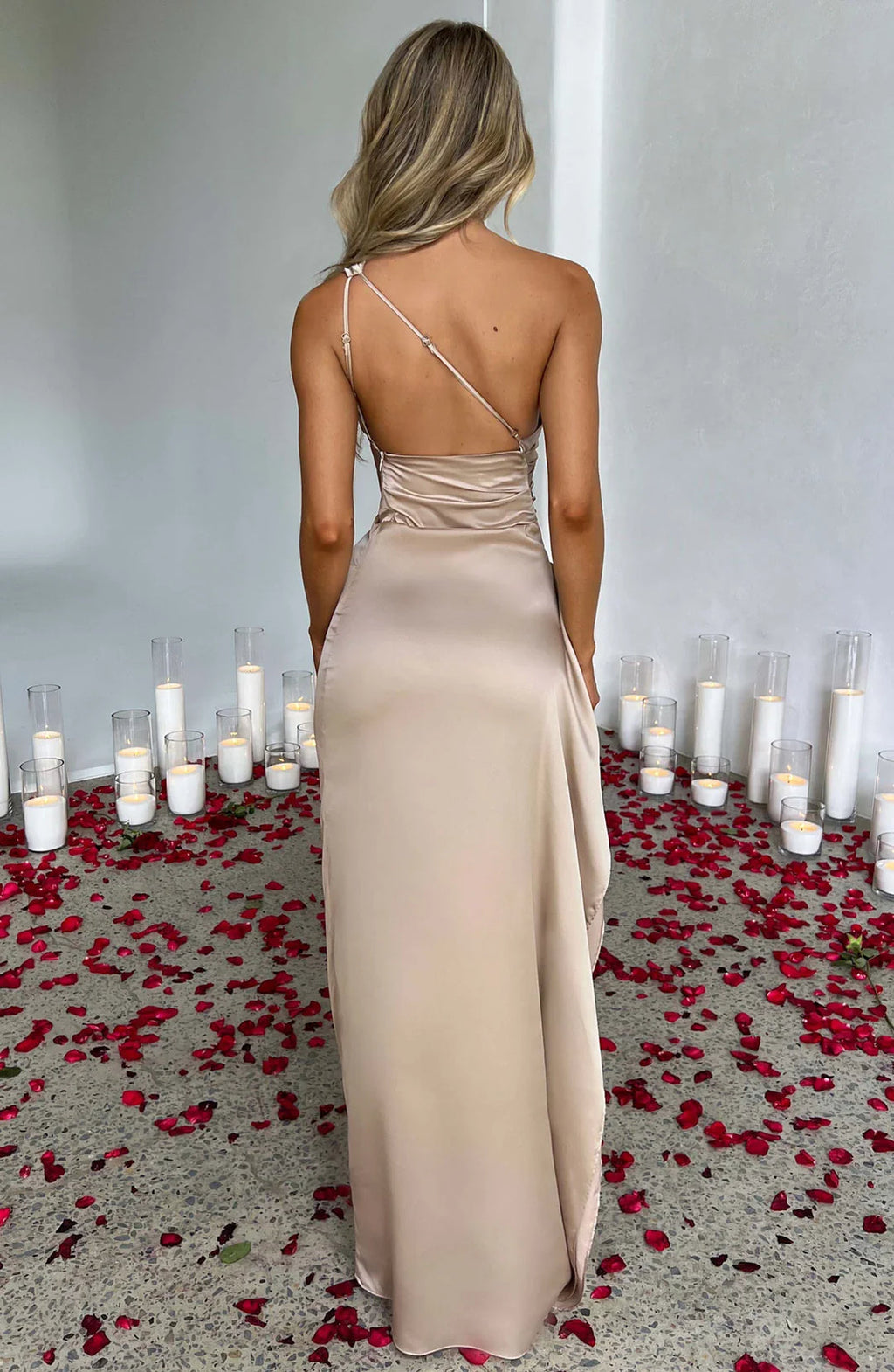 One shoulder satin formal maxi dress with ruched waist and high thigh split - view 34
