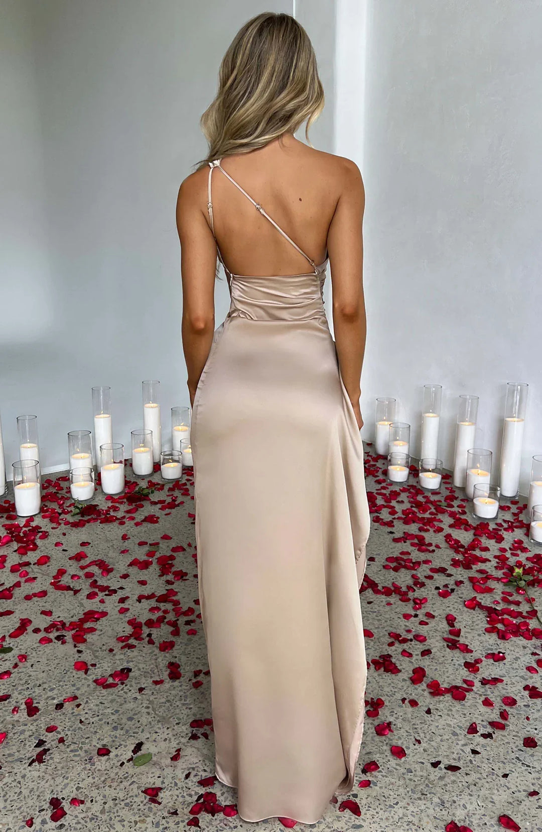 One shoulder satin formal maxi dress with ruched waist and high thigh split - view 34