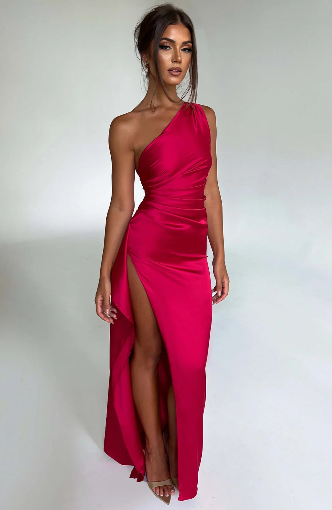 One shoulder satin formal maxi dress with ruched waist and high thigh split - view 38