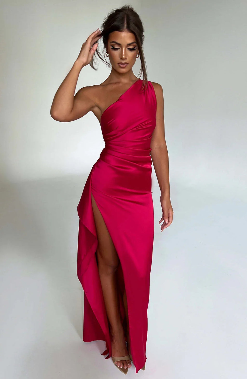 One shoulder satin formal maxi dress with ruched waist and high thigh split - view 39