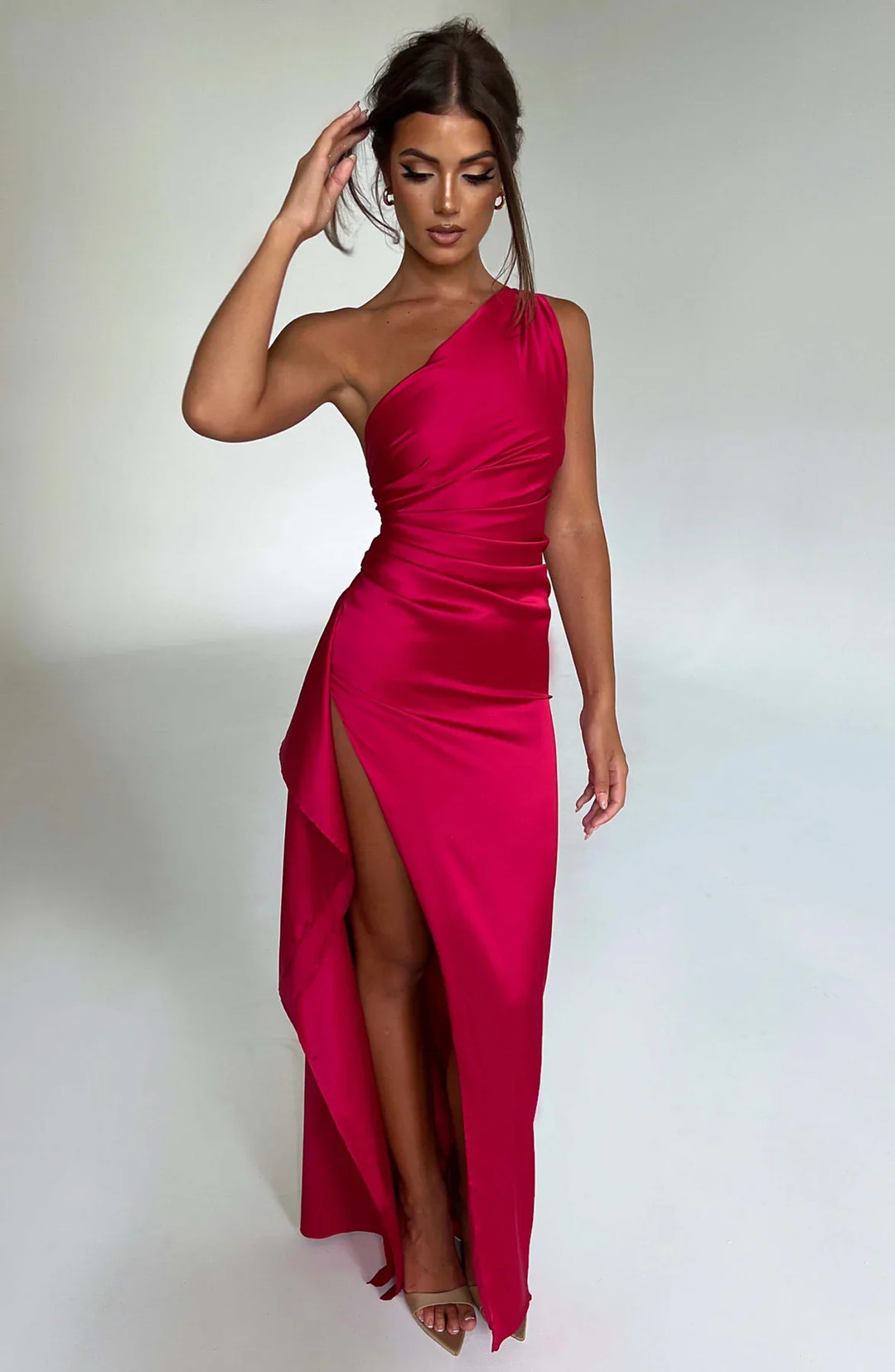 One shoulder satin formal maxi dress with ruched waist and high thigh split - view 39