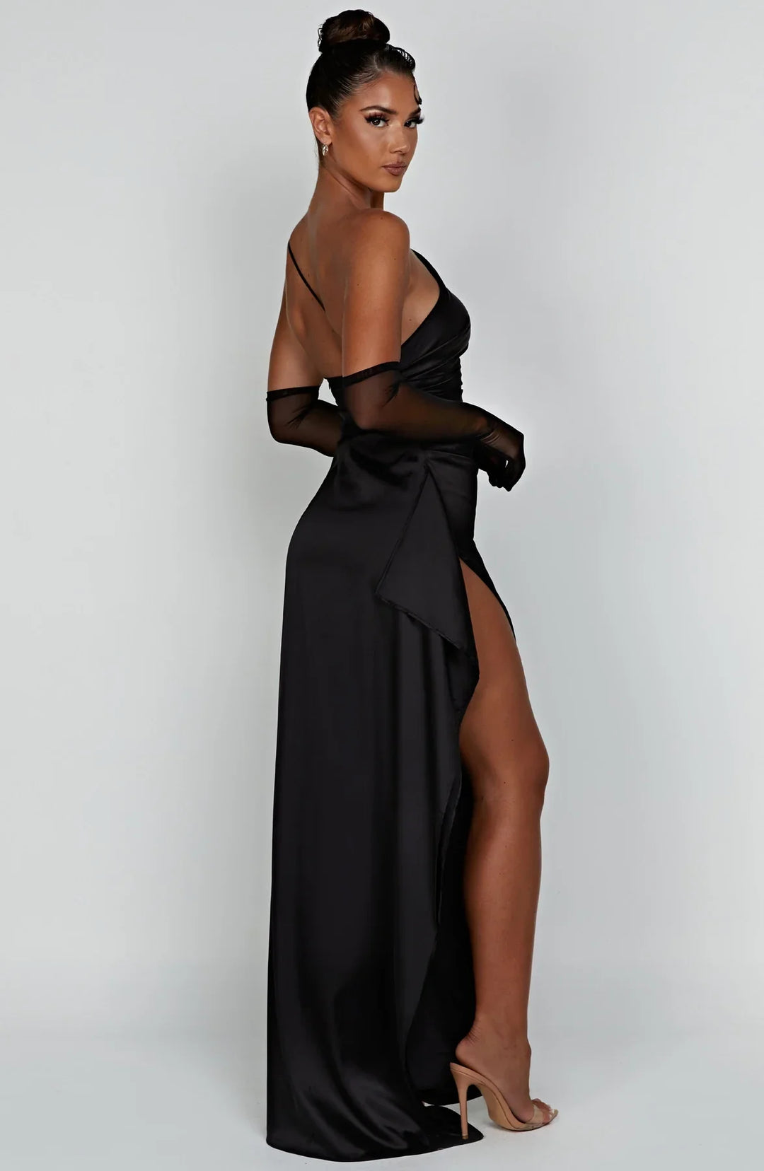 One shoulder satin formal maxi dress with ruched waist and high thigh split - view 4