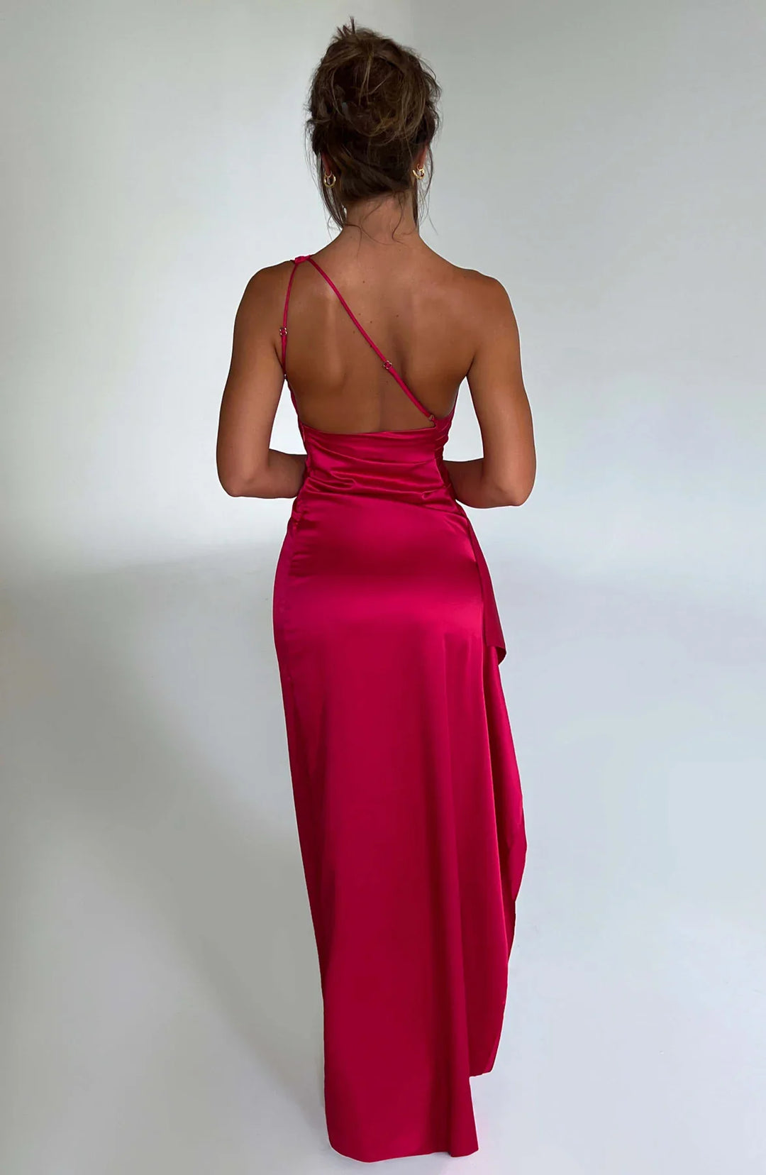 One shoulder satin formal maxi dress with ruched waist and high thigh split - view 40