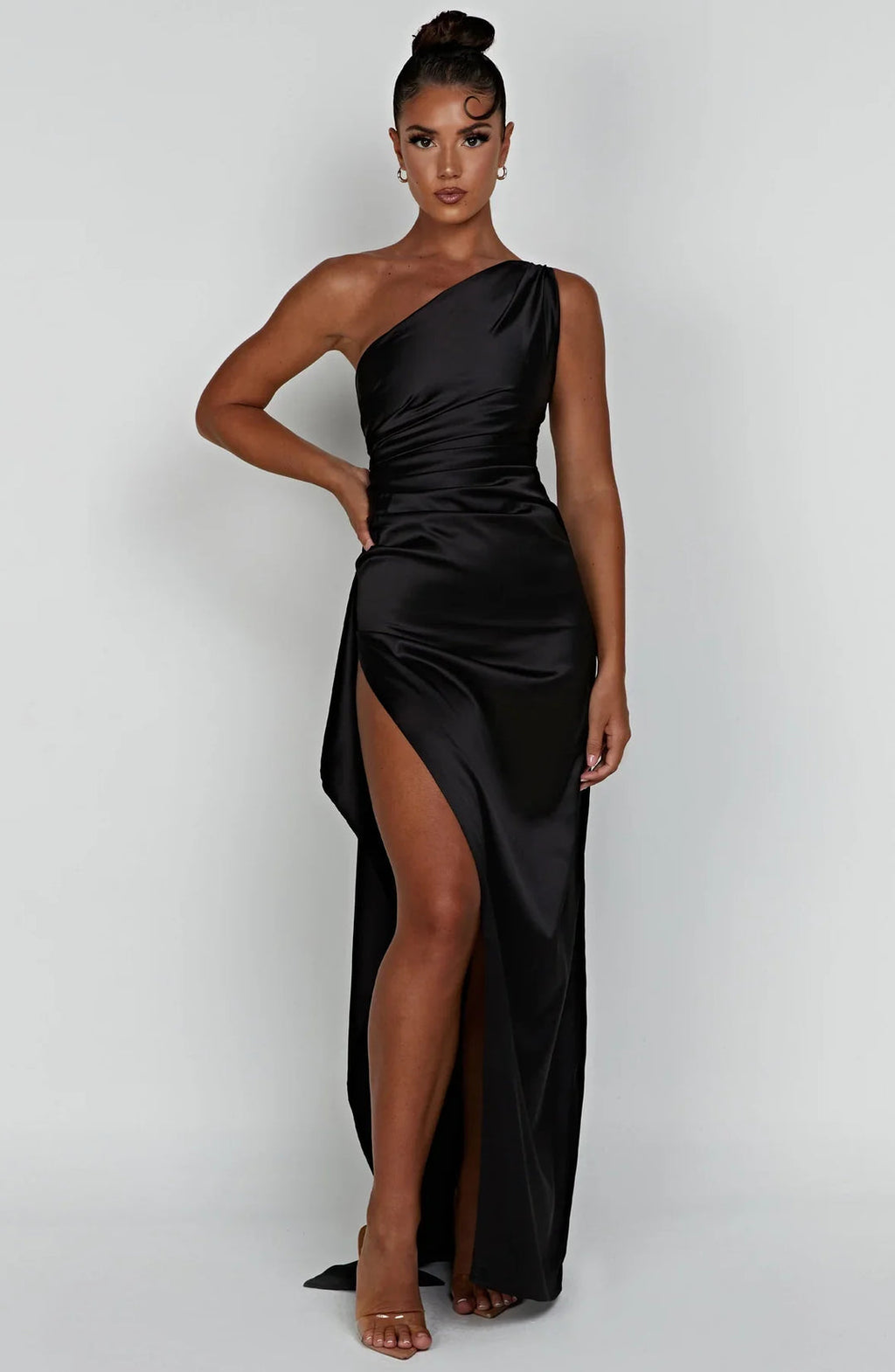 One shoulder satin formal maxi dress with ruched waist and high thigh split - view 5