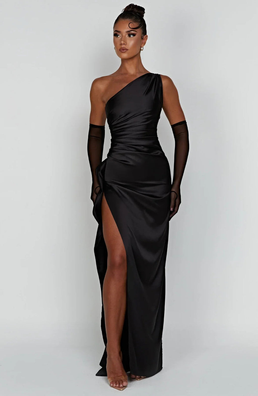 One shoulder satin formal maxi dress with ruched waist and high thigh split - view 9