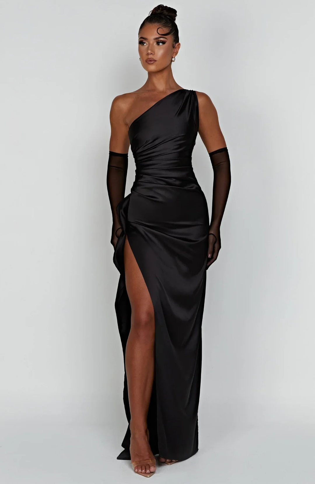 One shoulder satin formal maxi dress with ruched waist and high thigh split - view 9