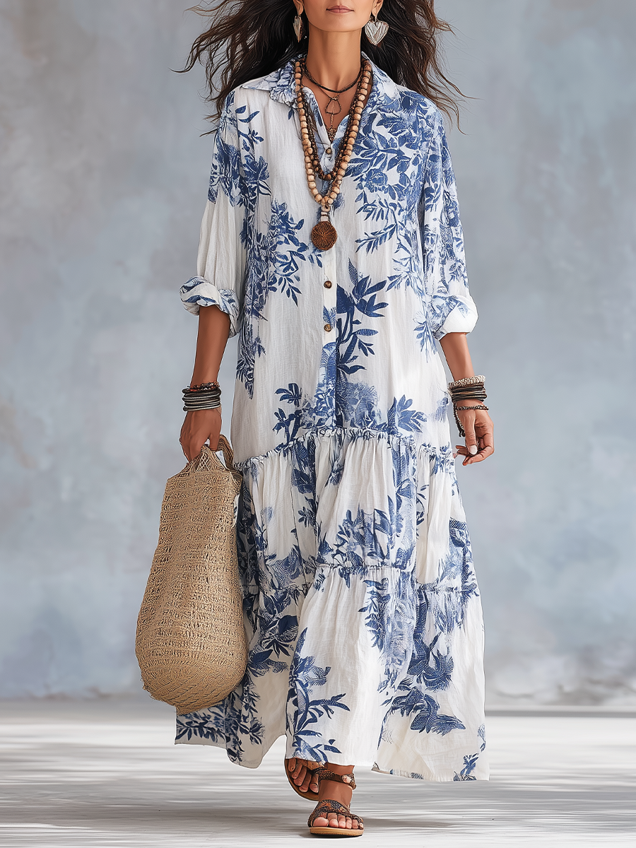Bridie tiered boho maxi dress with blue floral print, collar and button down front