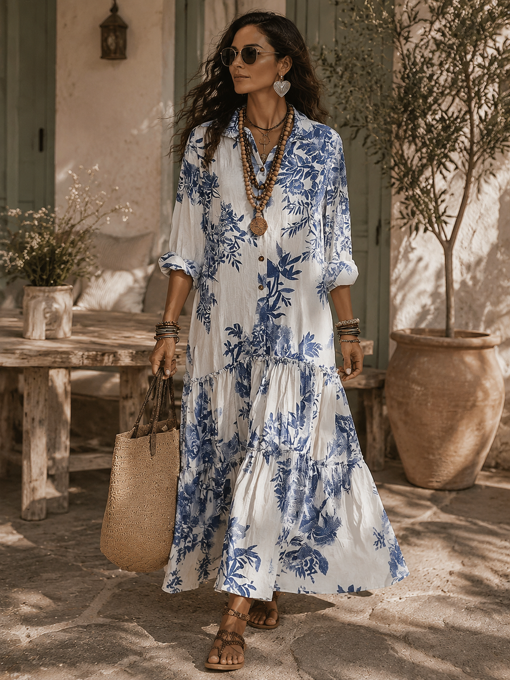 Bridie tiered boho maxi dress with blue floral print, collar and button down front - view 2