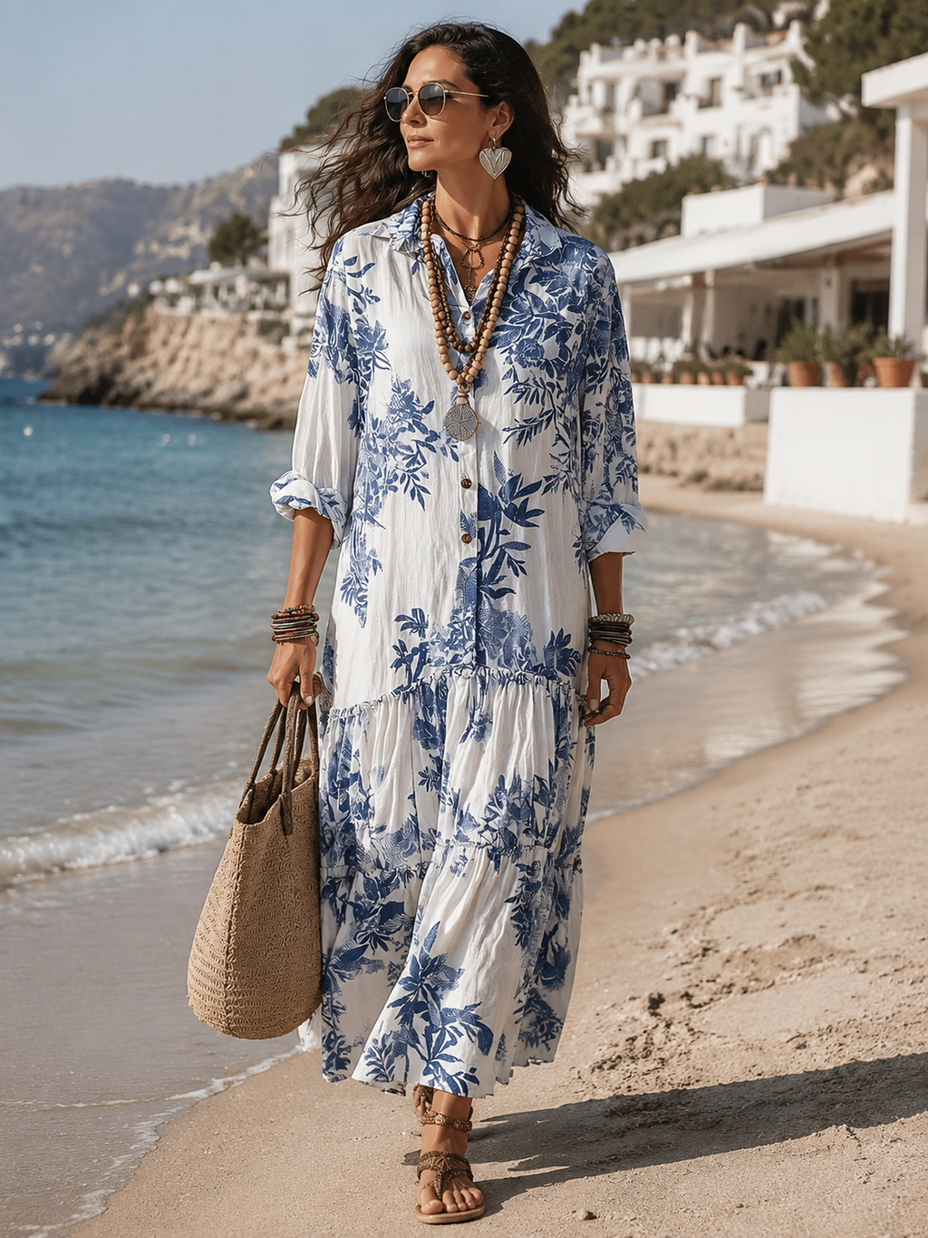 Bridie tiered boho maxi dress with blue floral print, collar and button down front - view 3