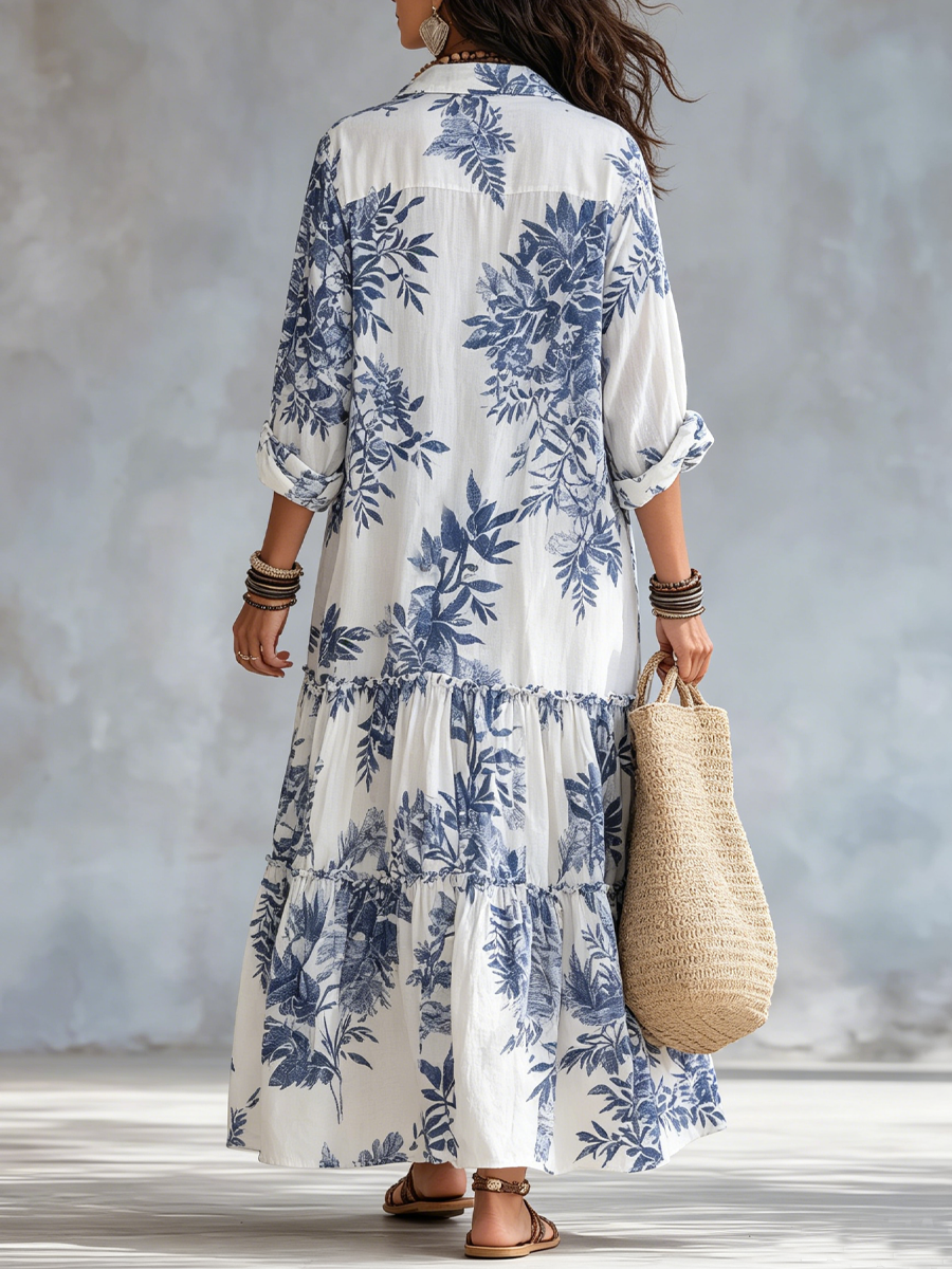 Bridie tiered boho maxi dress with blue floral print, collar and button down front - view 4