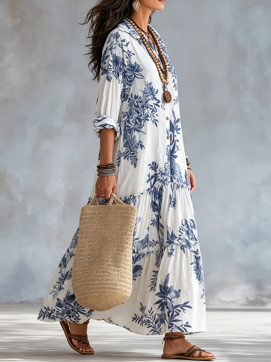 Bridie tiered boho maxi dress with blue floral print, collar and button down front - view 5
