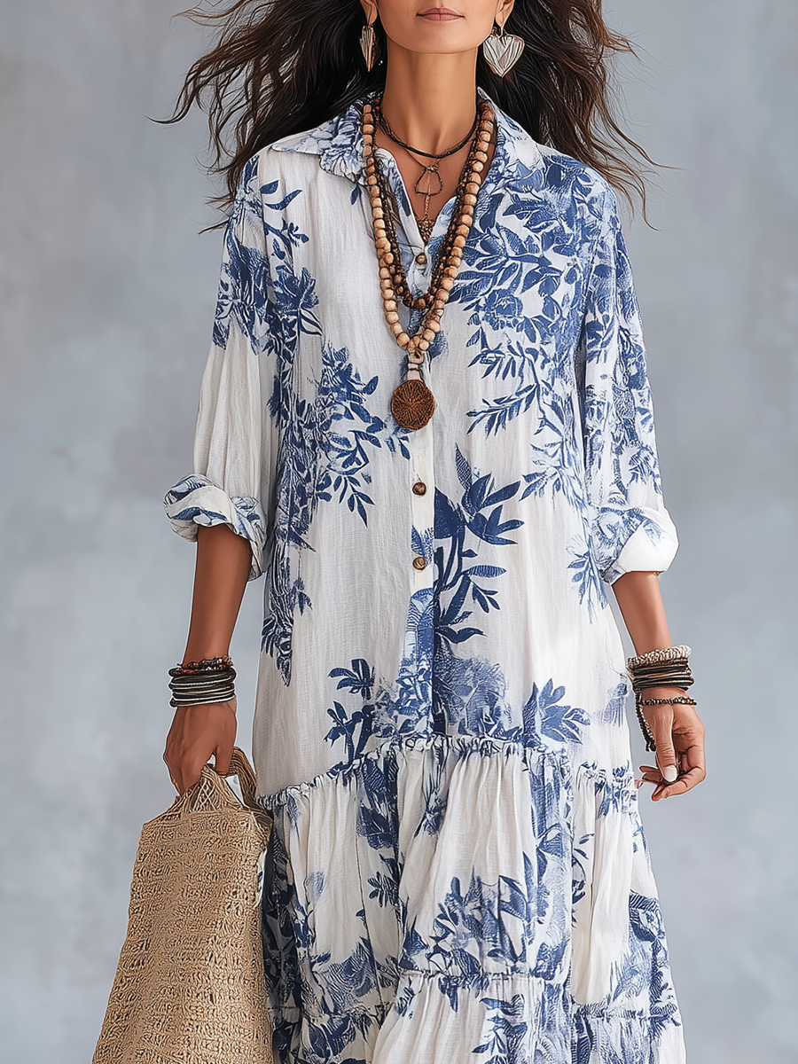 Bridie tiered boho maxi dress with blue floral print, collar and button down front - view 6