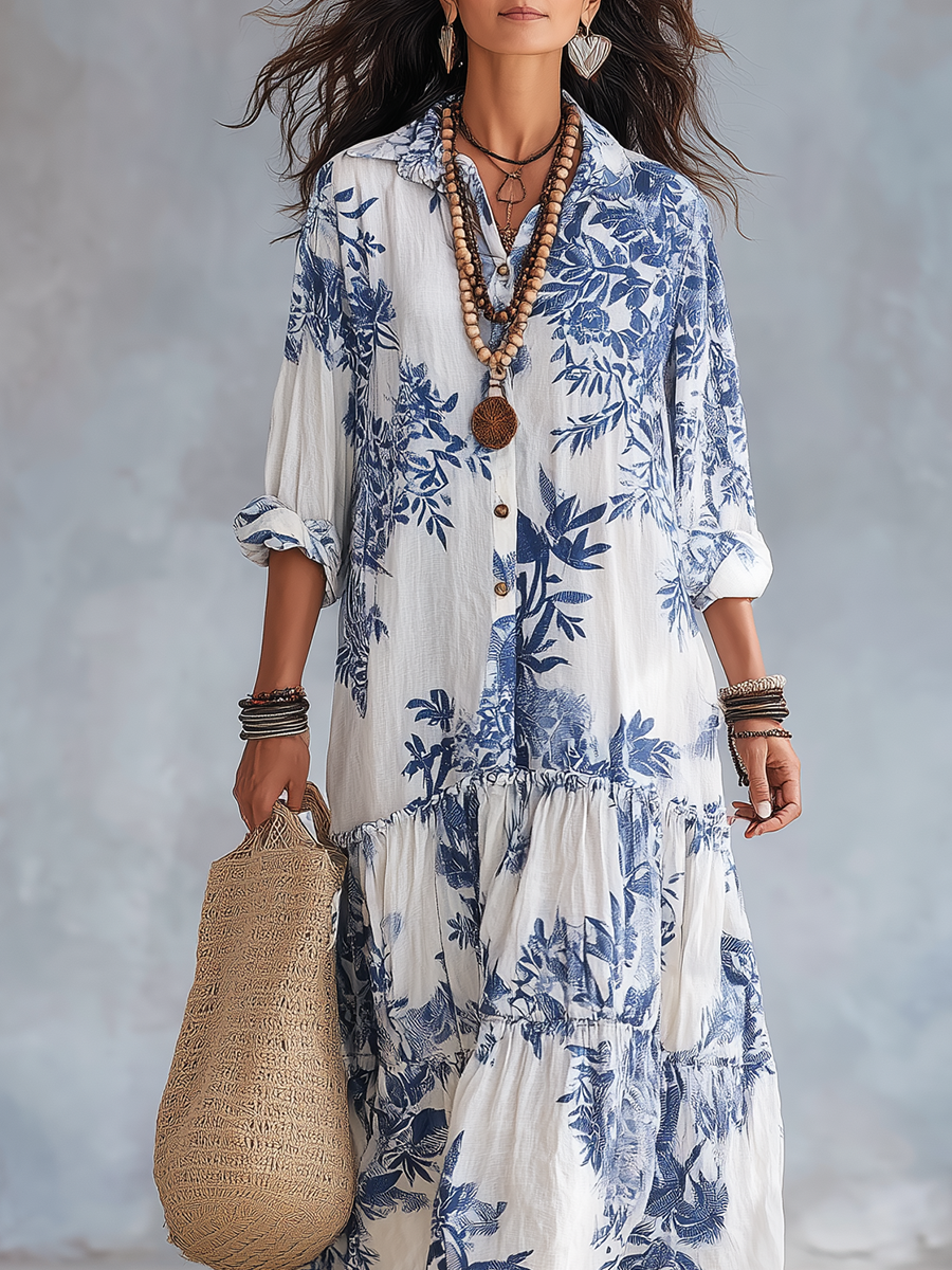 Bridie tiered boho maxi dress with blue floral print, collar and button down front - view 7