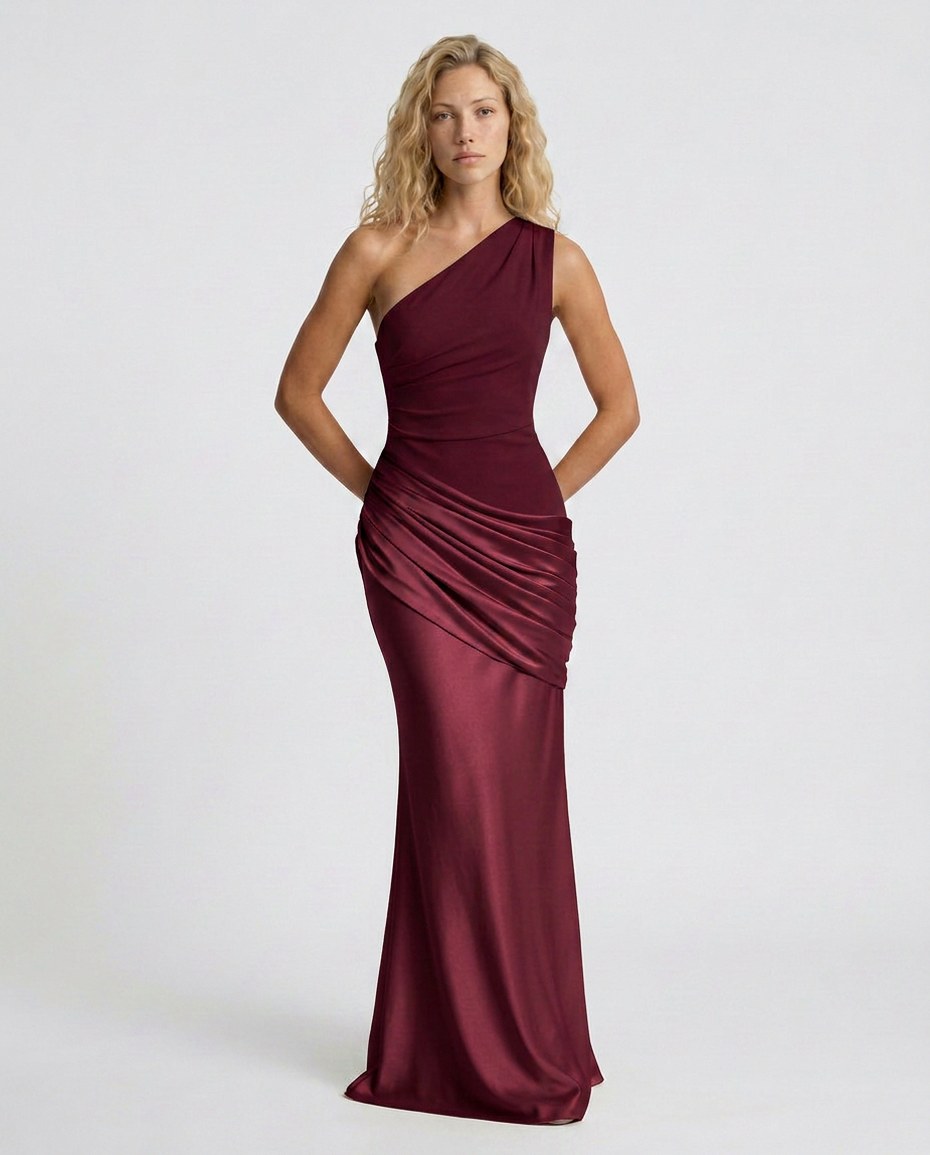 Woman wearing a one shoulder satin formal maxi dress with ruched bodice and draped hip panel - view 10