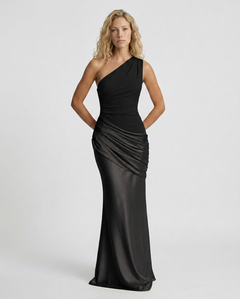 Woman wearing a one shoulder satin formal maxi dress with ruched bodice and draped hip panel - view 22