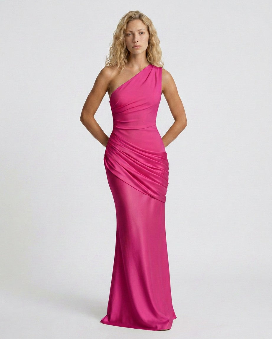 Woman wearing a one shoulder satin formal maxi dress with ruched bodice and draped hip panel - view 28