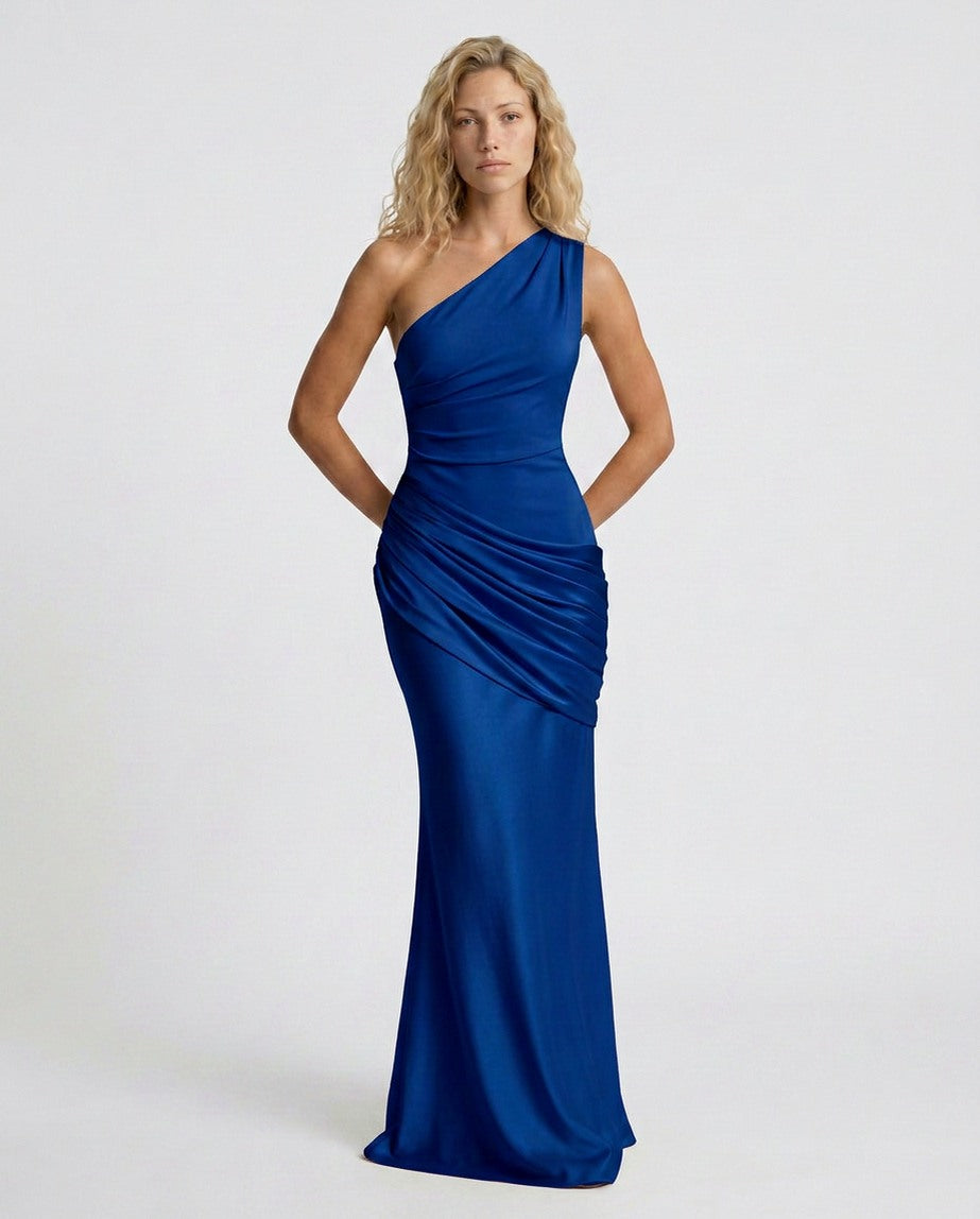 Woman wearing a one shoulder satin formal maxi dress with ruched bodice and draped hip panel - view 31