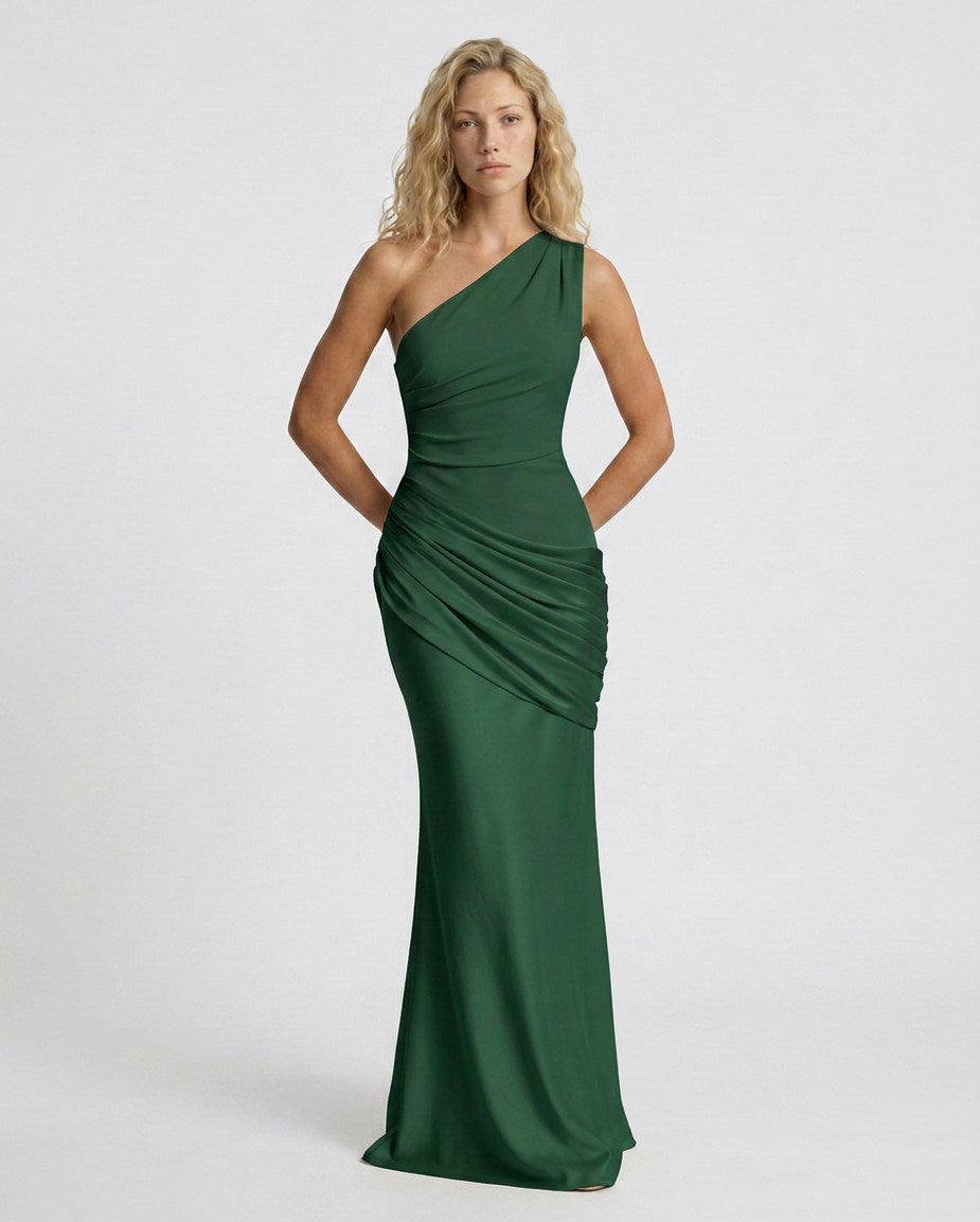 Woman wearing a one shoulder satin formal maxi dress with ruched bodice and draped hip panel - view 37