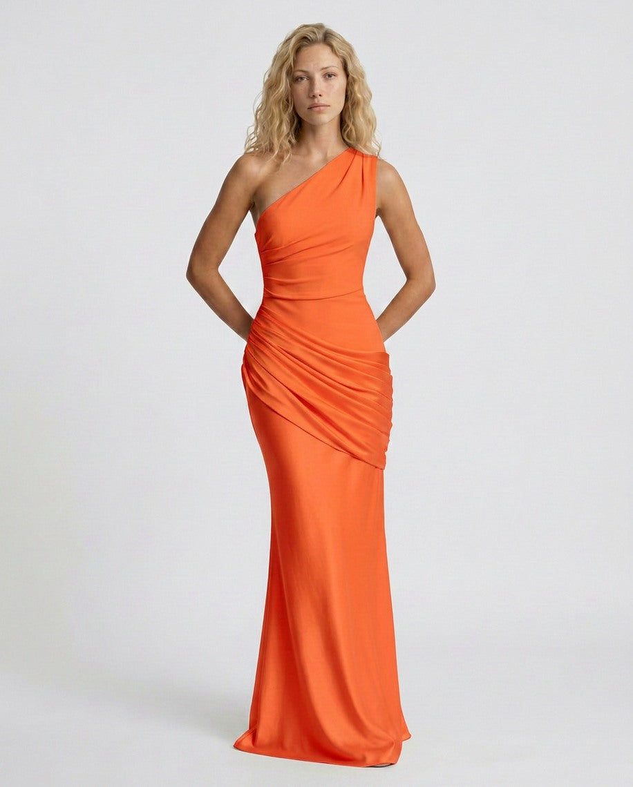 Woman wearing a one shoulder satin formal maxi dress with ruched bodice and draped hip panel - view 40
