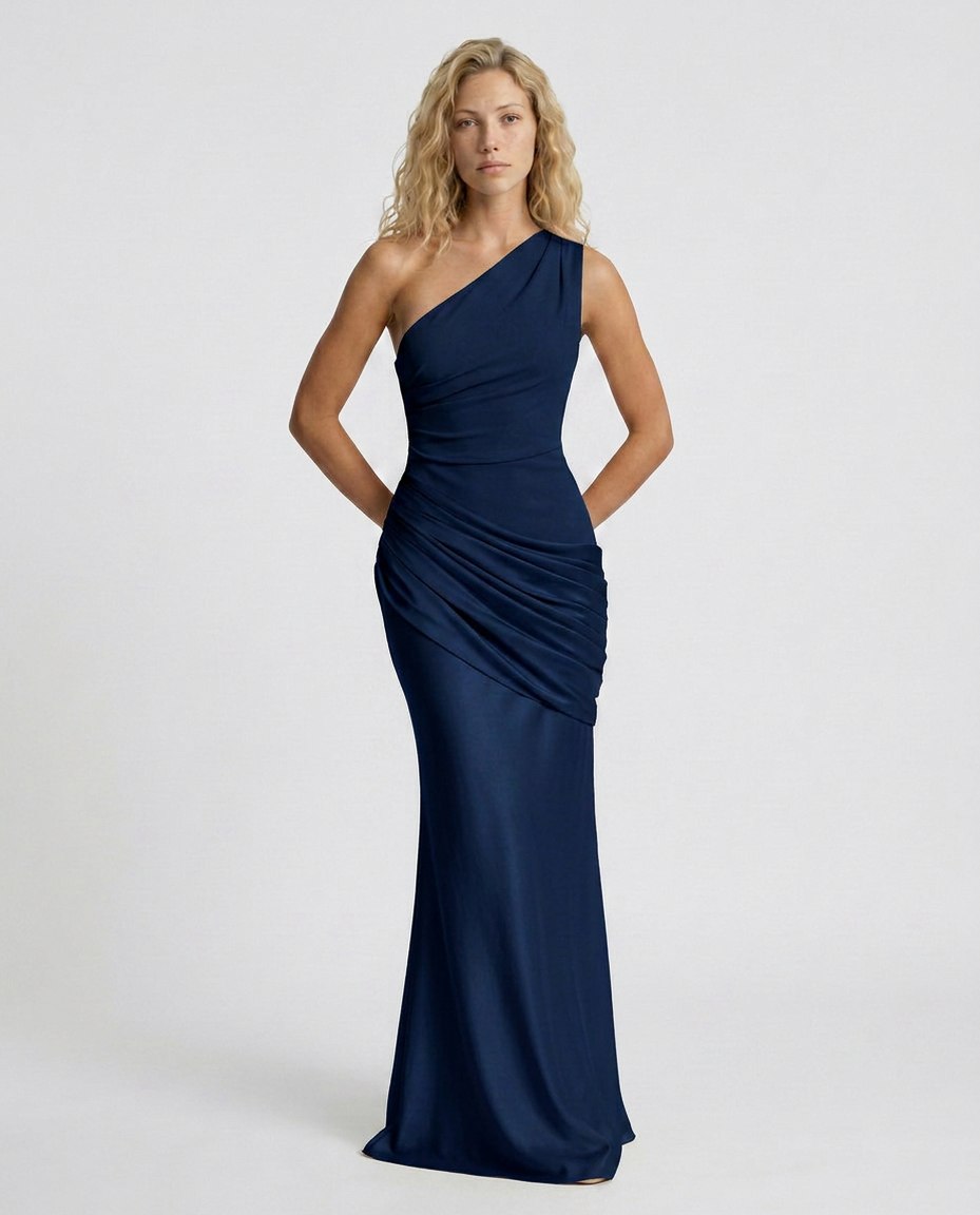 Woman wearing a one shoulder satin formal maxi dress with ruched bodice and draped hip panel - view 43