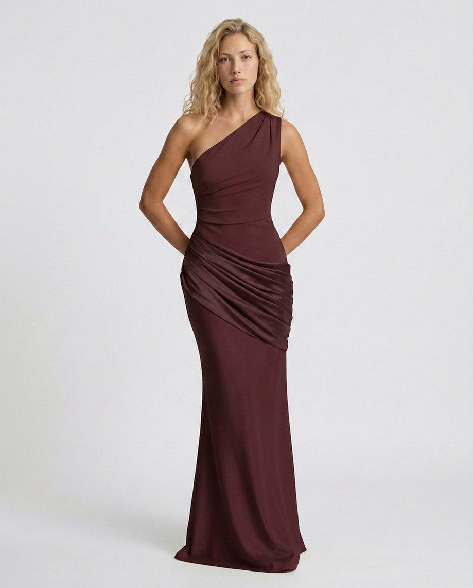 Woman wearing a one shoulder satin formal maxi dress with ruched bodice and draped hip panel - view 7