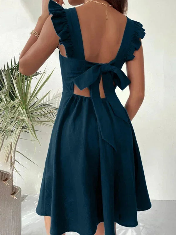 Bronte ruffle strap A-line mini dress with square neckline and bow tie back - view 18