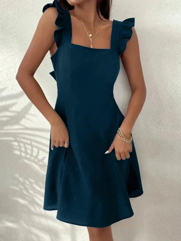 Bronte ruffle strap A-line mini dress with square neckline and bow tie back - view 19