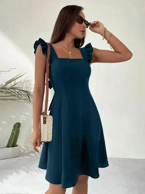 Bronte ruffle strap A-line mini dress with square neckline and bow tie back - view 21