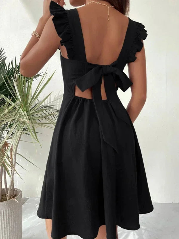 Bronte ruffle strap A-line mini dress with square neckline and bow tie back - view 23