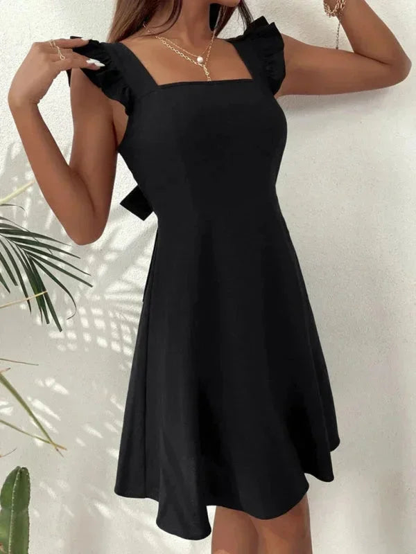 Bronte ruffle strap A-line mini dress with square neckline and bow tie back - view 24