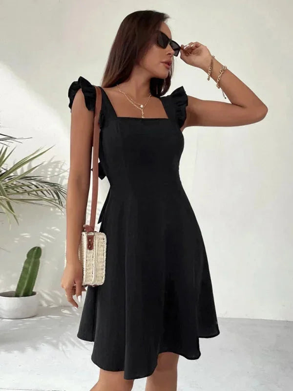 Bronte ruffle strap A-line mini dress with square neckline and bow tie back - view 26