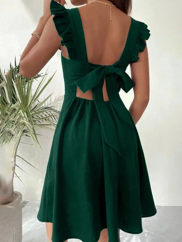 Bronte ruffle strap A-line mini dress with square neckline and bow tie back - view 3