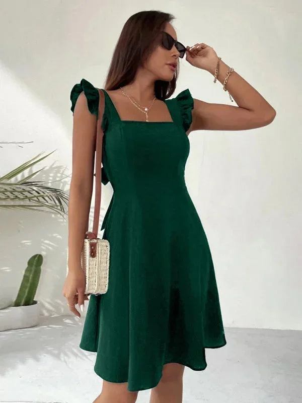 Bronte ruffle strap A-line mini dress with square neckline and bow tie back - view 6