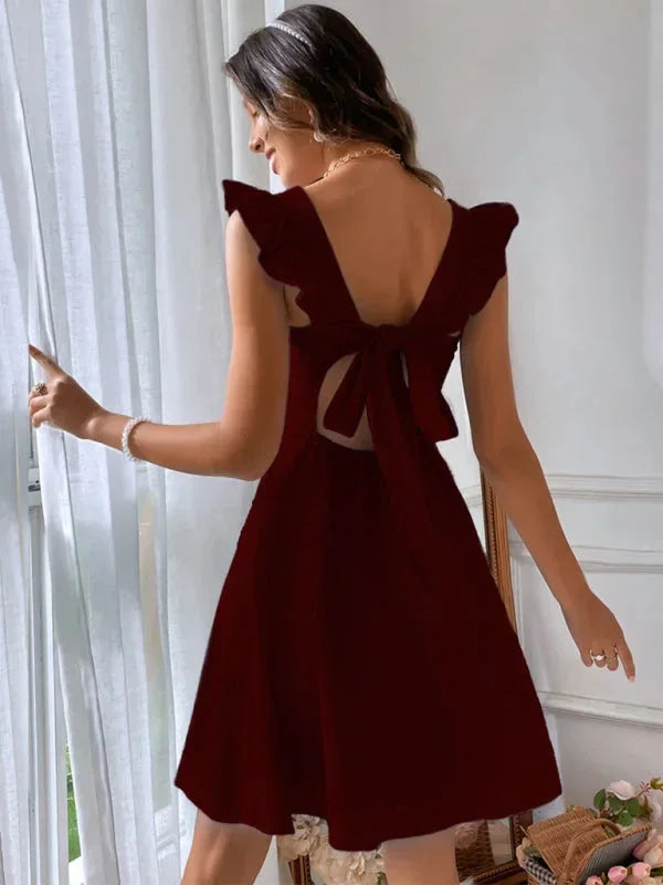 Bronte ruffle strap A-line mini dress with square neckline and bow tie back - view 8