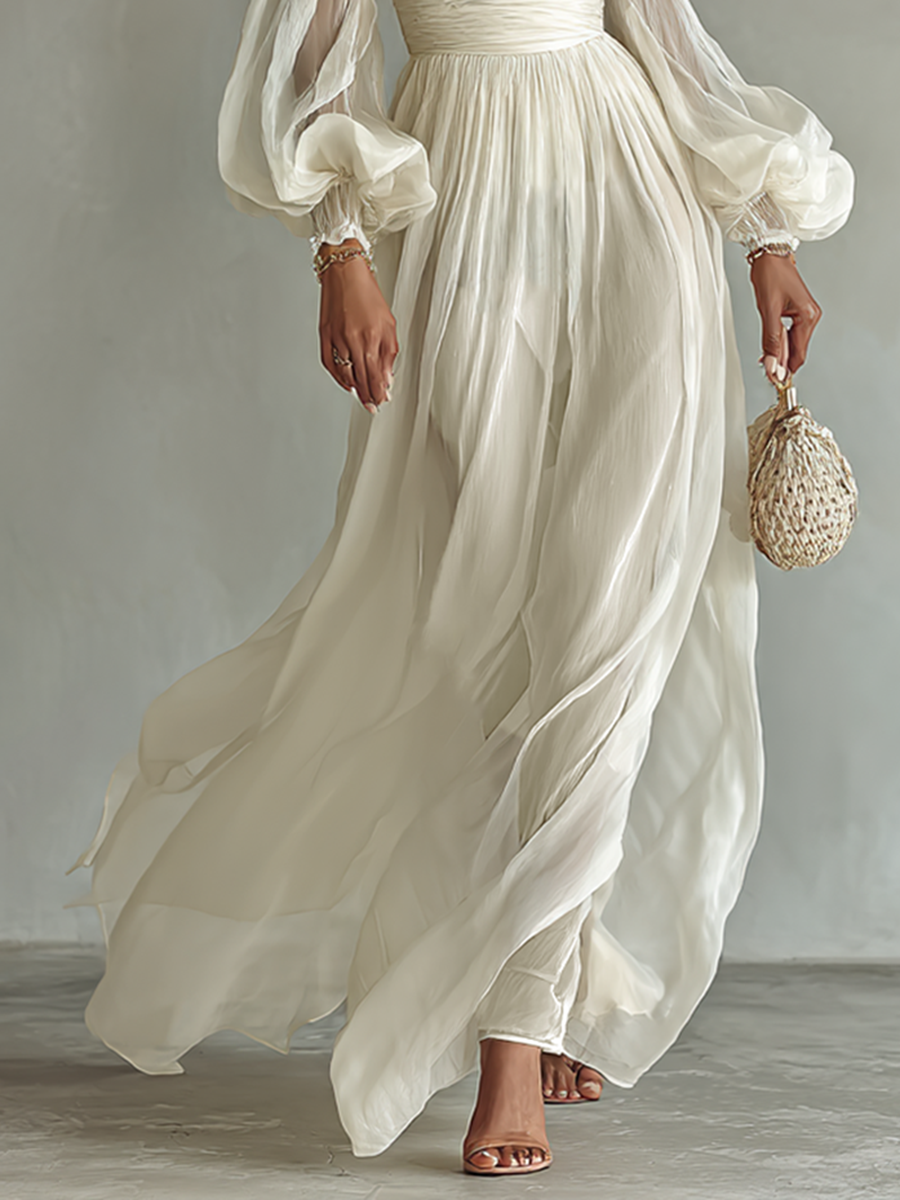 Verity sweetheart corset chiffon maxi dress with puff sleeves — side view