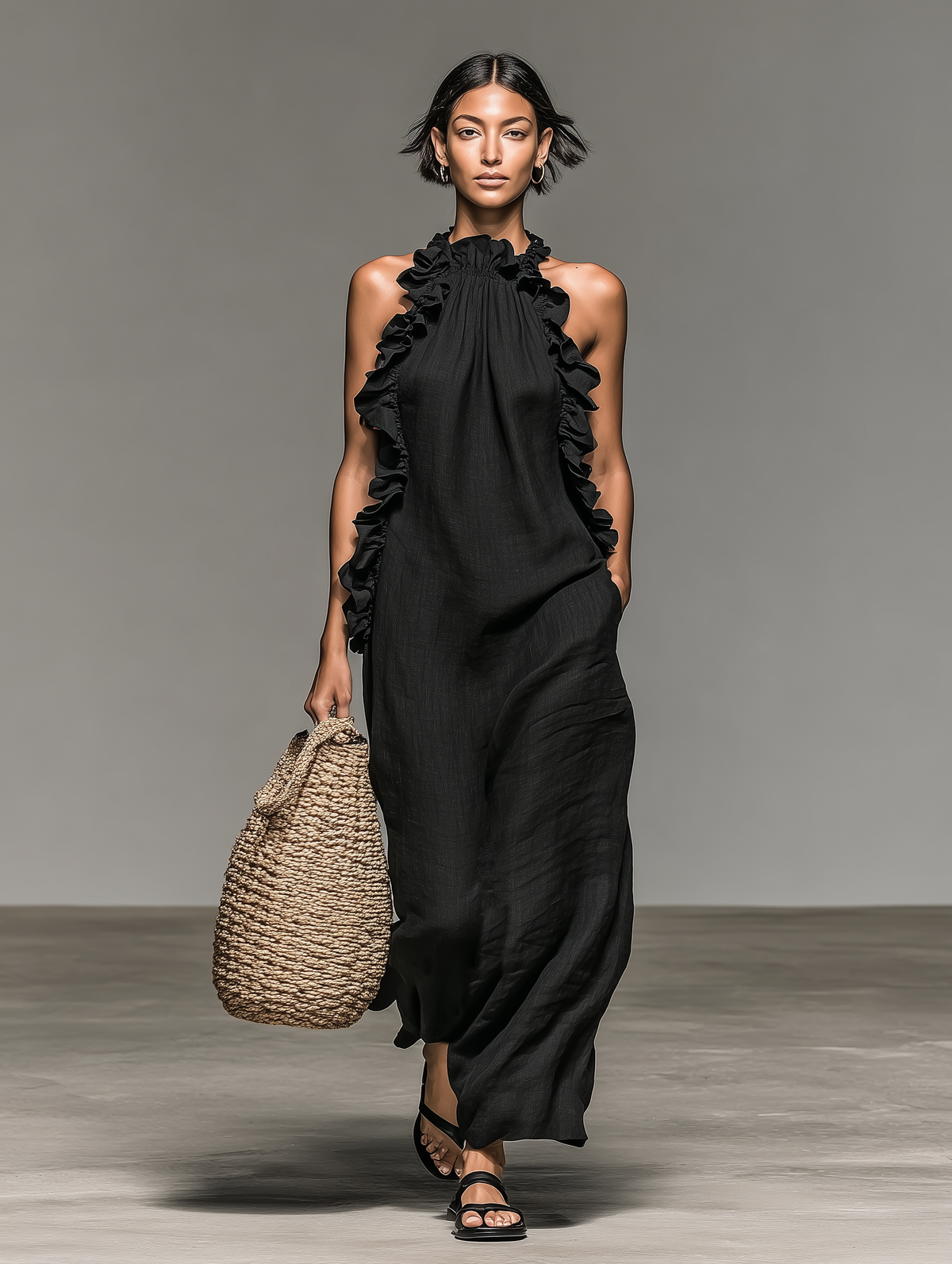 Freya | Linen Blend Sleeveless Ruffle Maxi Dress