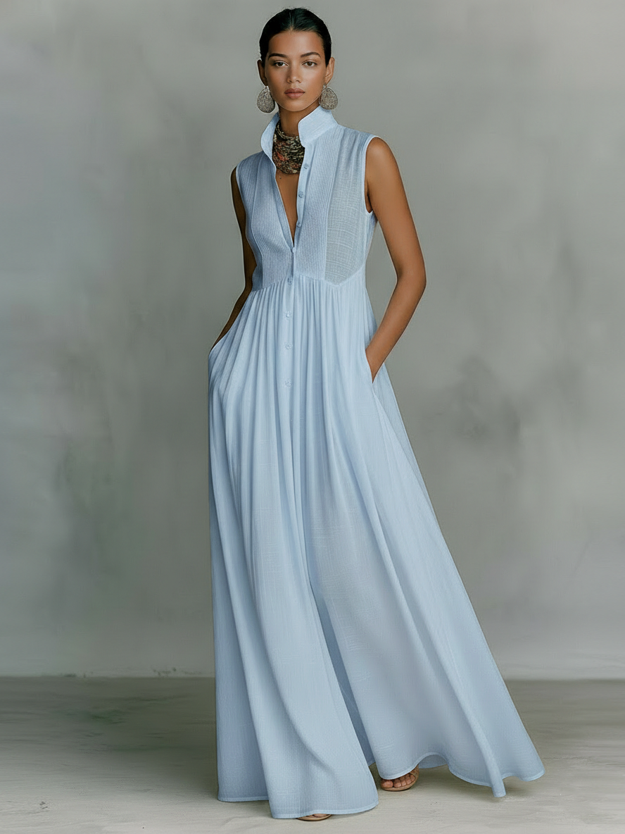 Astrid stand-collar plunge sleeveless maxi dress — detail view