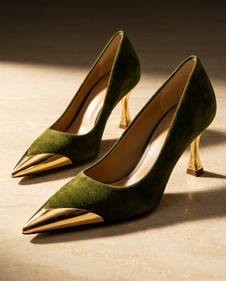 Camille | Arch Support Suede Metal Toe Cap Heels