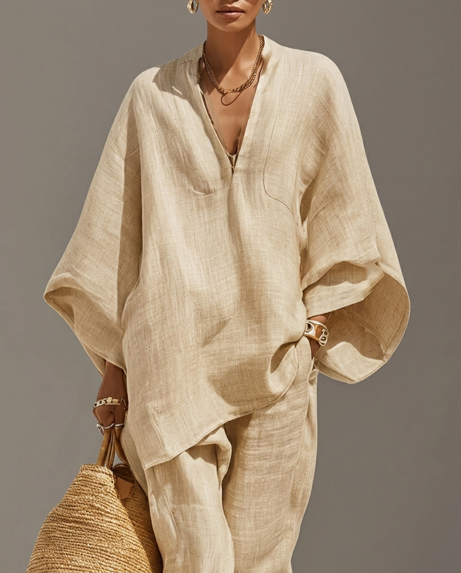 Coralie | Linen Batwing Top and Tapered Pants Set