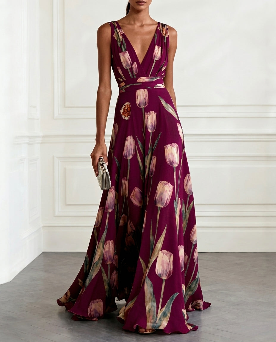 Eloise | Chiffon Floral V Neck Wedding Guest Maxi Dress