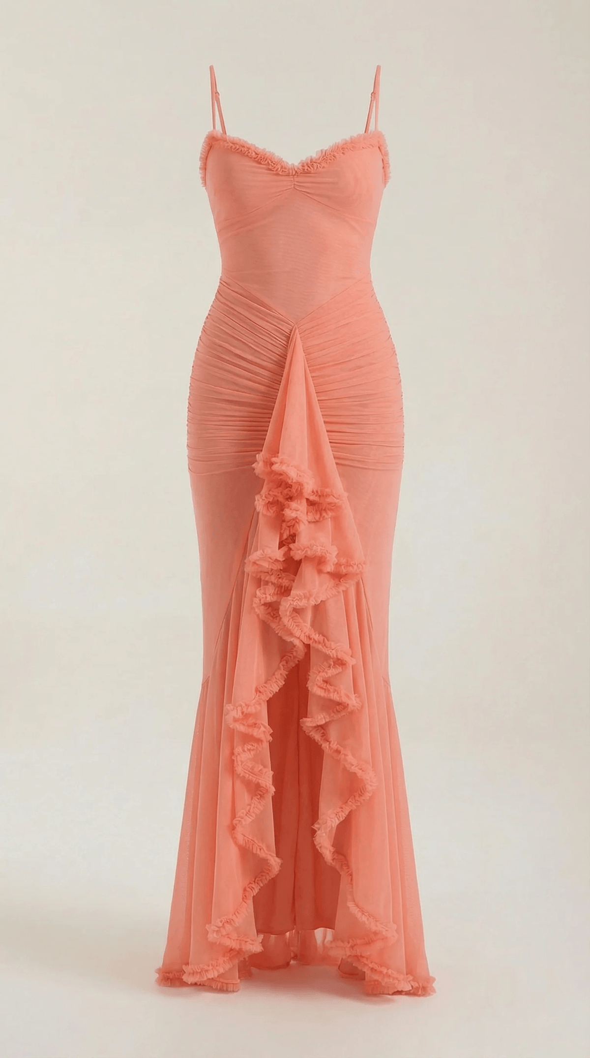 Carla ruffle high-low cocktail dress in burgundy ruched mesh with sweetheart neckline - view 15