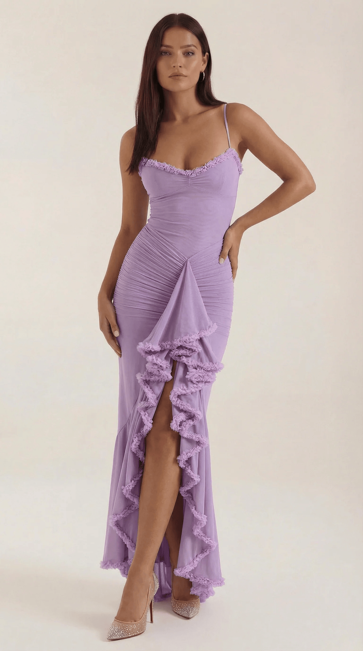 Carla ruffle high-low cocktail dress in burgundy ruched mesh with sweetheart neckline - view 16