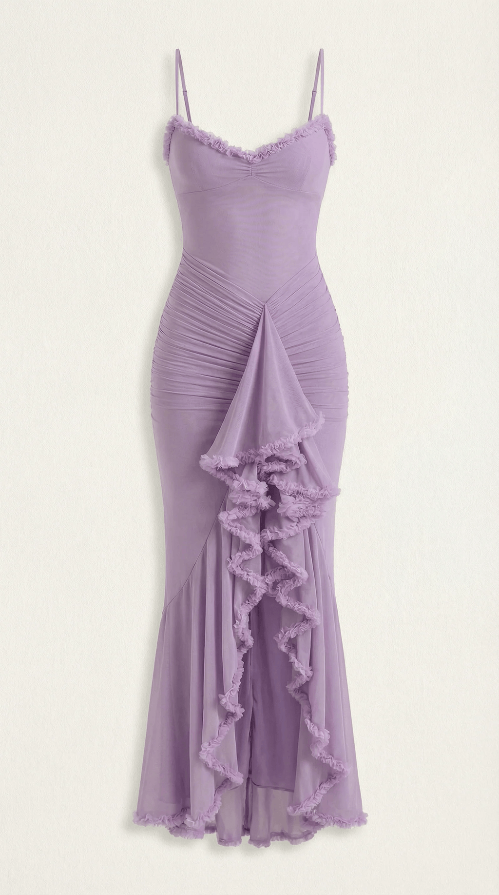 Carla ruffle high-low cocktail dress in burgundy ruched mesh with sweetheart neckline - view 20