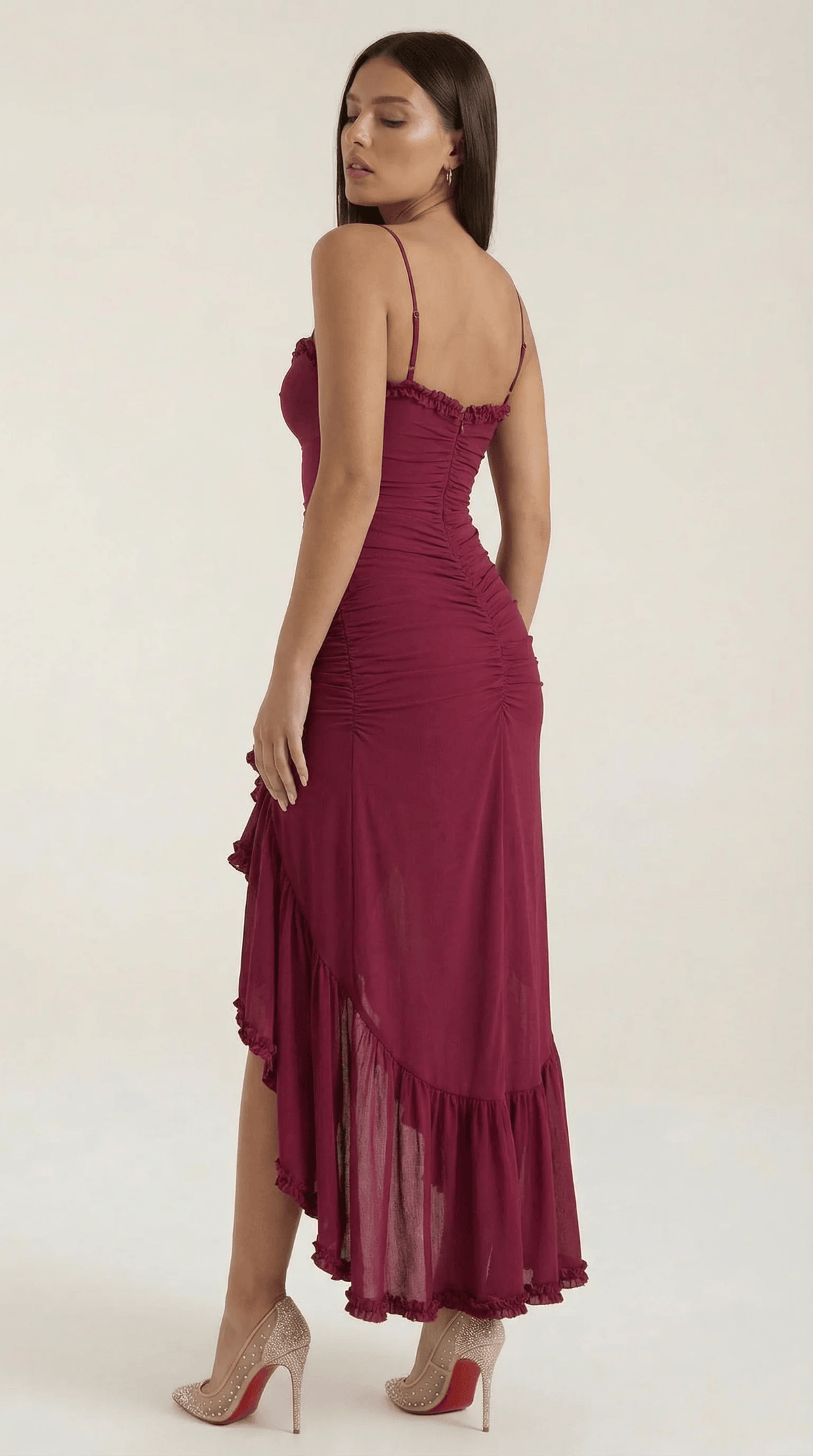 Carla ruffle high-low cocktail dress in burgundy ruched mesh with sweetheart neckline - view 3