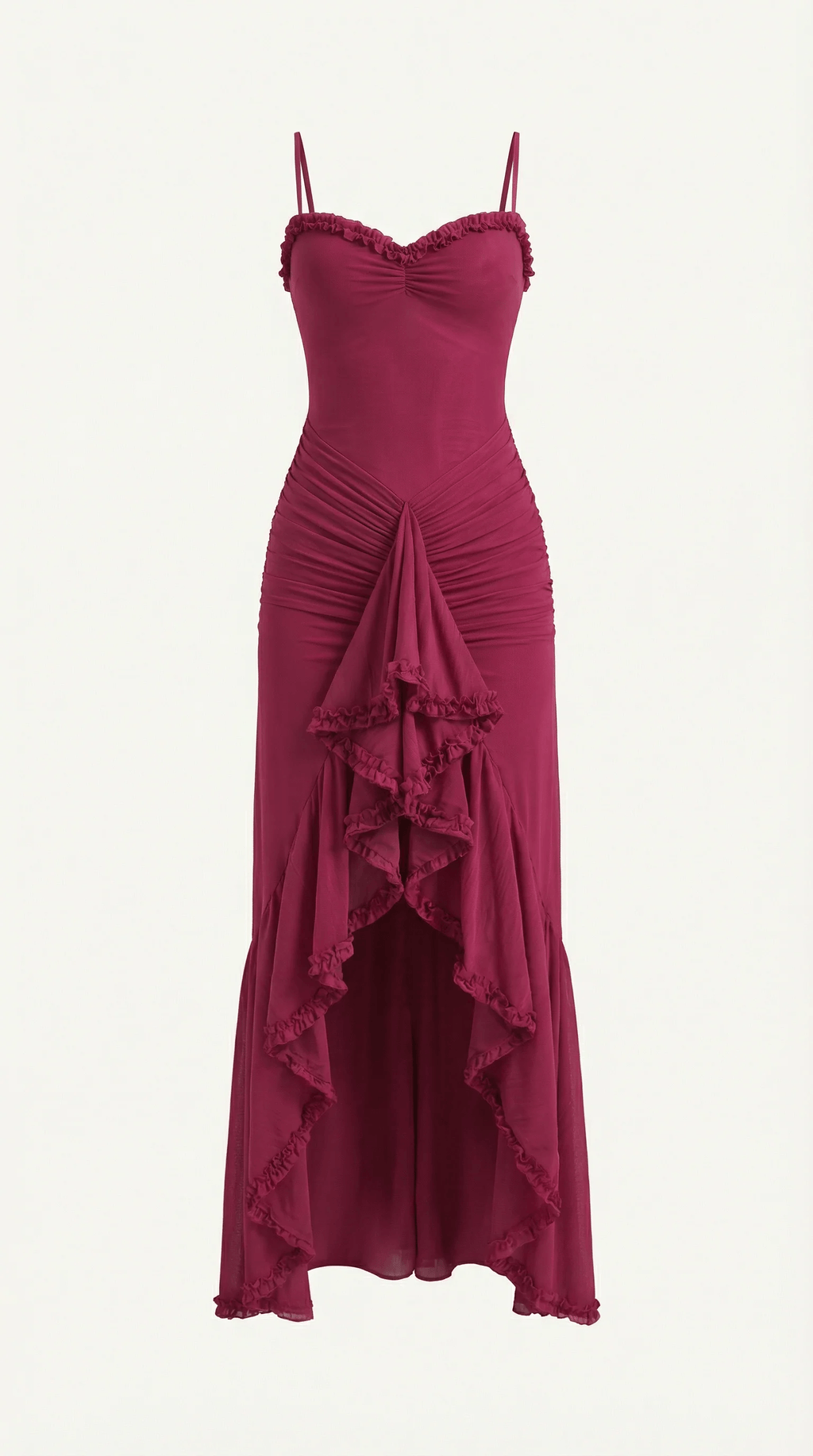 Carla ruffle high-low cocktail dress in burgundy ruched mesh with sweetheart neckline - view 5