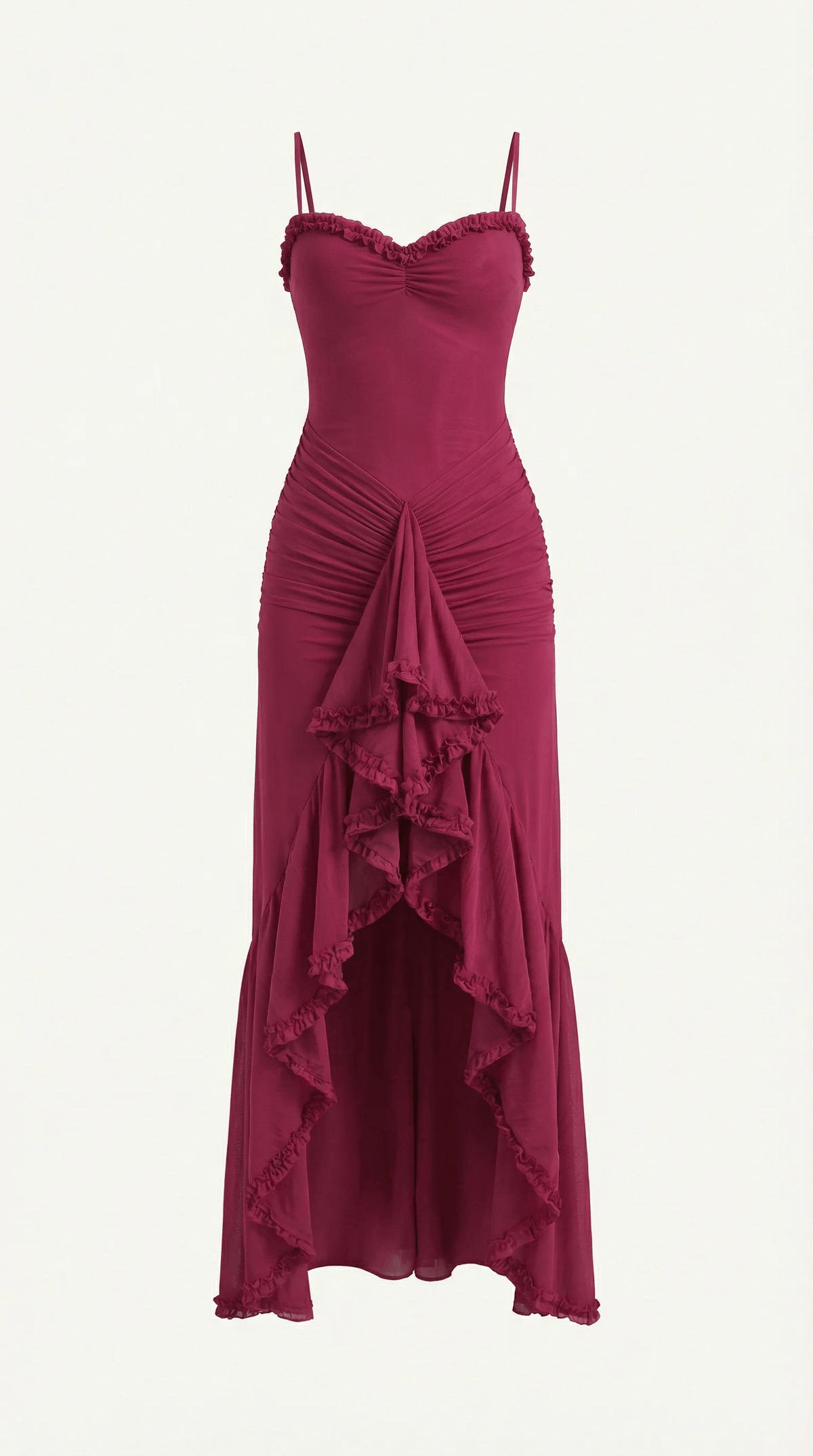 Carla ruffle high-low cocktail dress in burgundy ruched mesh with sweetheart neckline - view 5