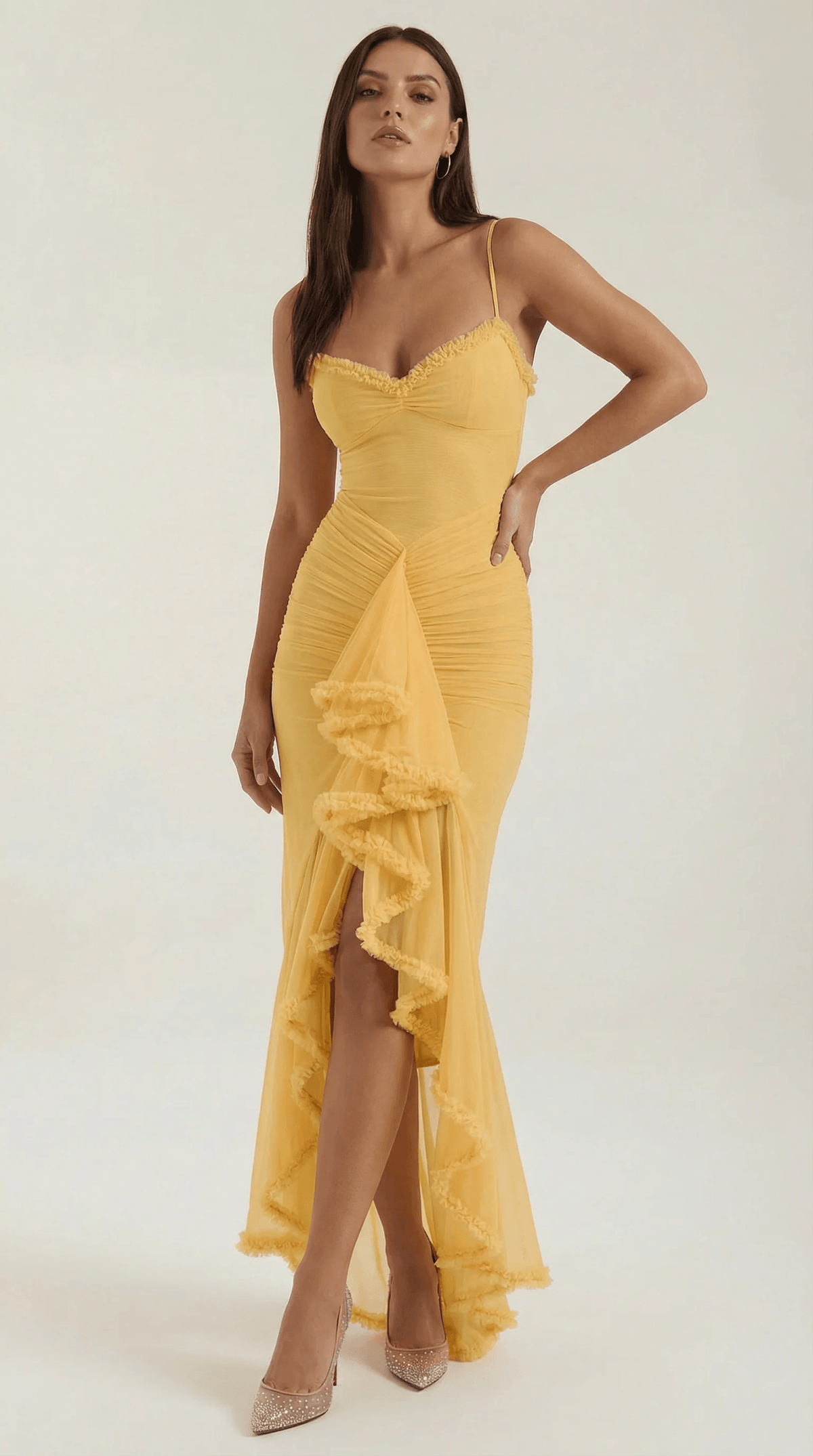 Carla ruffle high-low cocktail dress in burgundy ruched mesh with sweetheart neckline - view 6