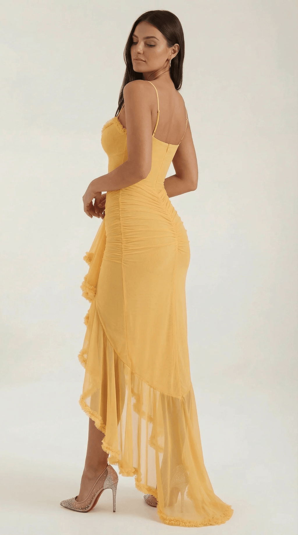 Carla ruffle high-low cocktail dress in burgundy ruched mesh with sweetheart neckline - view 8