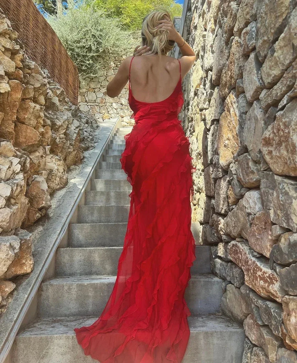 Ruffle slip maxi dress with spaghetti straps and cascading frills - view 10