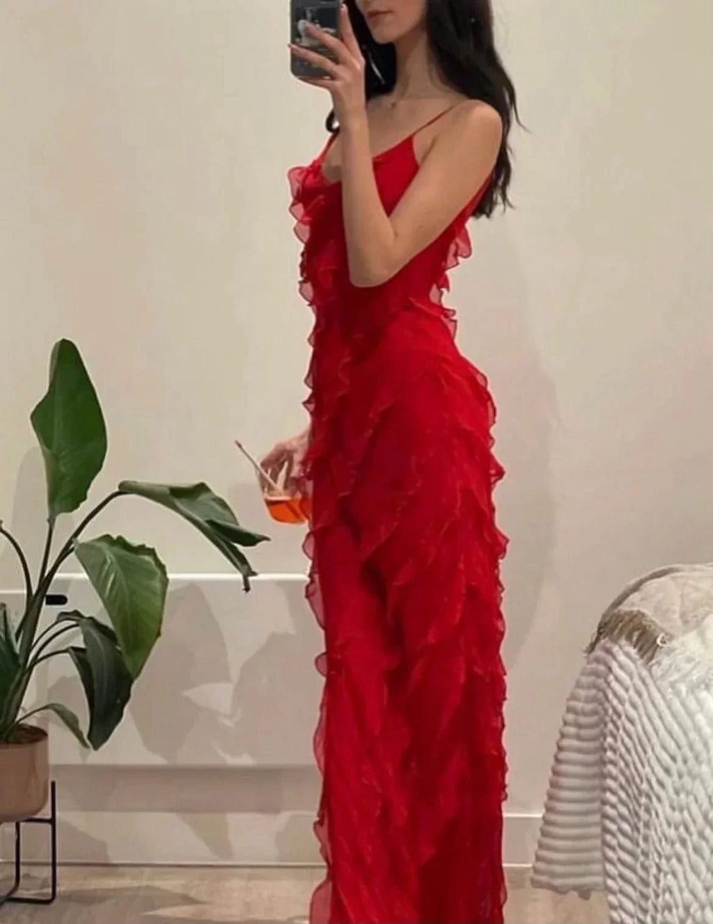 Ruffle slip maxi dress with spaghetti straps and cascading frills - view 12